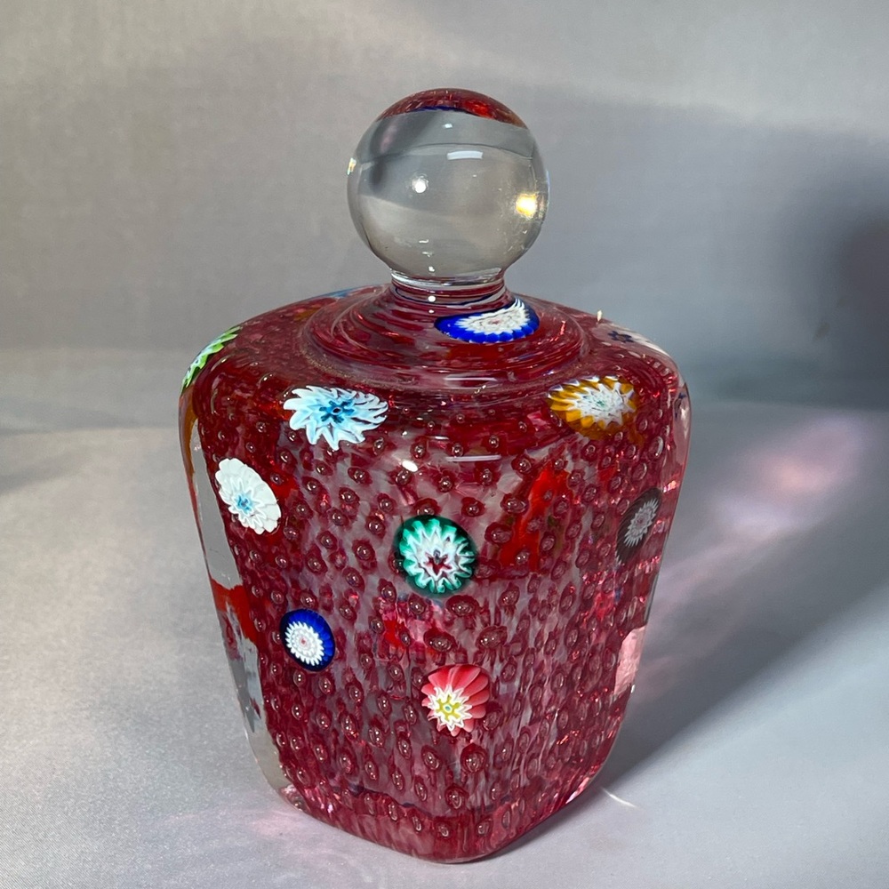 Fratelli Toso Murano Italy Red Millefiori Square Knob Bubble Glass Paperweight